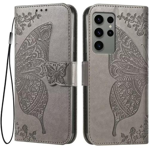 Coque Pour Samsung Galaxy S23 Ultra 5g 6.8"" Inches Etui Flip Magnétique Avec 3 Fentes Pour Cartes 1 Portefeuille, Housse-Gris