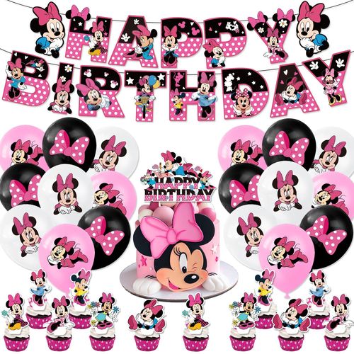 Balloons de fete,D'aluminium Ballons,Ballon Anniversaire Decoration de Fete Anniversaire-Combinaison Minnie A : 1 drapeau a tirer + 18 ballons (6 noirs, 6 blancs et 6 poudre) + 1 grand insert + 12 petits inserts
