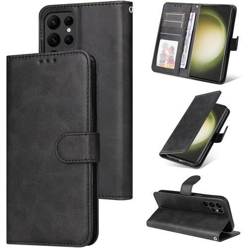 Coque Pour Samsung Galaxy S23 Ultra Cuir Pu, Portefeuille Coque Pour Samsung S23 Ultra Etui Magnétique Flip Case Avec Fonction Support Fente Carte Housse 360 Degrés Antichoc Protection, Noir