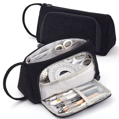 Trousse À Crayons Portable En Velours Côtelé, Sac De Papeterie Multifonctionnel, Couleur Unie, Mignon Pour Étudiant, Sac À Main Noir Pour Filles