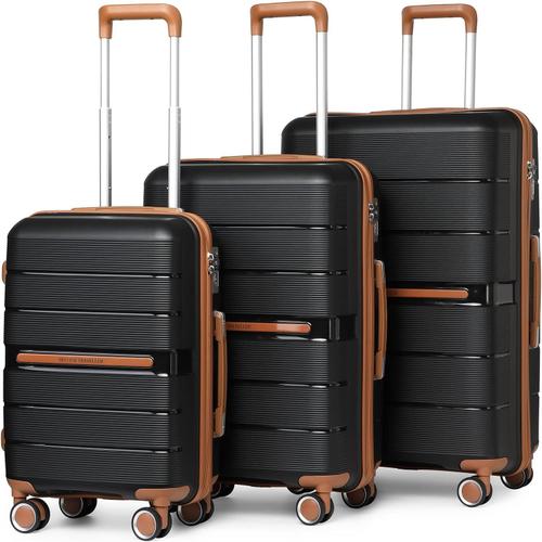 Set de 3 Valise Rigide en Polypropylène Légere à 4 roulettes avec Serrure TSA Intégré Ensembles de Bagages,Valise de Voyage 56/66/76cm (Noir)