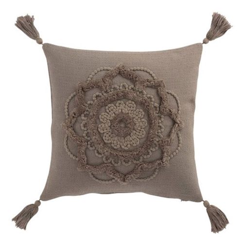 Paris Prix - Coussin Déco Pompons "Bord Floches" 45x45cm Taupe
