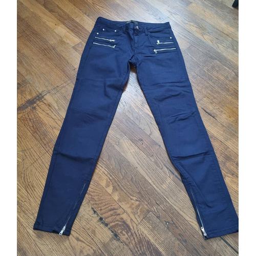 Pantalon Jean Slim Zippé Zara Bleu Marine Taille 38 M