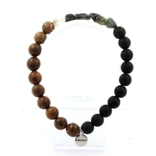 Bracelet Quartz Rutile Vert Du Brésil + Perles Onyx Noir Mat + Bois 8 Fabriqué En France.