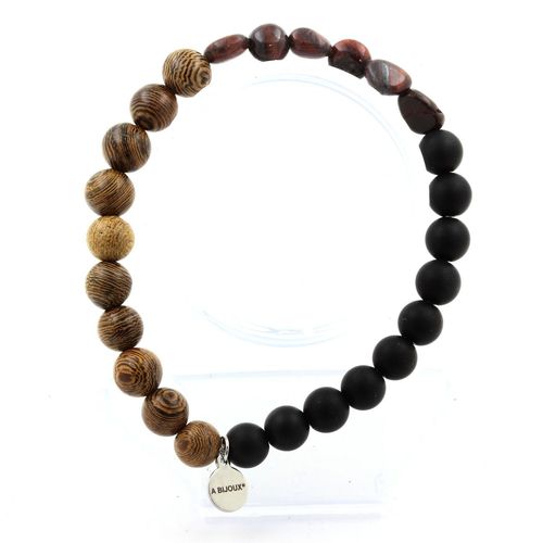 Bracelet Oeil De Tigre Rouge Du Brésil + Perles Onyx Noir Mat + Bois 8 Fabriqué En France.