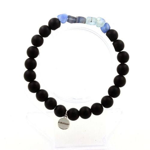 Bracelet Cyanite Bleu Du Brésil + Perles Onyx Noir Mat 8 Mm. Fabriqué En France.