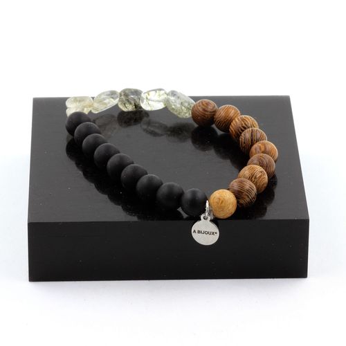 Bracelet Quartz Tourmaline Rutile Du Brésil + Perles Onyx Noir Mat + Fabriqué En France.