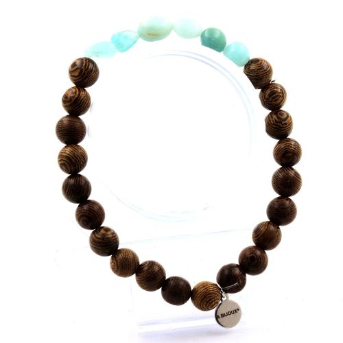 Bracelet Amazonite Du Brésil + Perles Bois 8 Mm. Fabriqué En France.