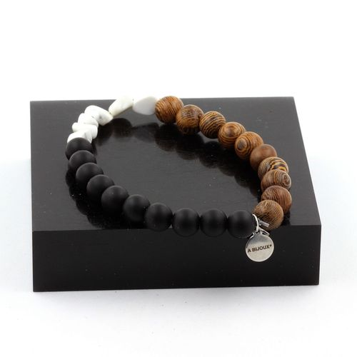 Bracelet Howlite Des Usa + Perles Onyx Noir Mat + Bois 8 Mm. Fabriqué En France.