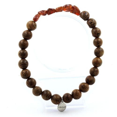 Bracelet Grenat Spessartite Du Mozambique + Perles Bois 8 Mm. Fabriqué En France.
