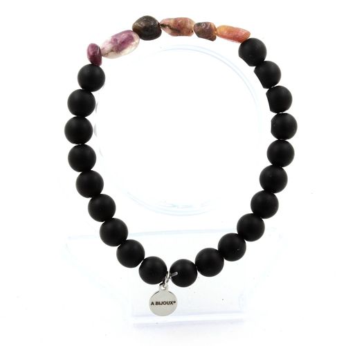 Bracelet Tourmaline Rubellite Du Brésil + Perles Onyx Noir Mat 8 Mm. Fabriqué En France.