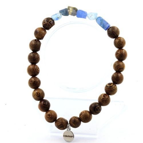 Bracelet Cyanite Bleu Du Brésil + Perles Bois 8 Mm. Fabriqué En France.