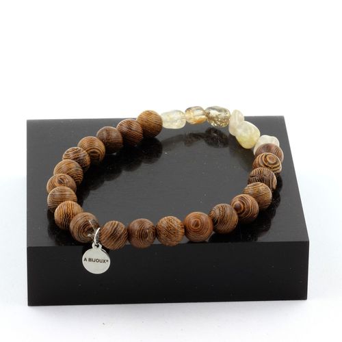 Bracelet Quartz À Rutile Doré Du Brésil + Perles Bois 8 Mm. Fabriqué En France.