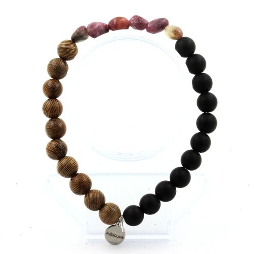 Bracelet Tourmaline Rubellite Du Brésil + Perles Onyx Noir Mat + Bois Fabriqué En France.