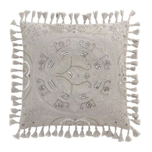 Paris Prix - Coussin Velours À Pompons "Marocain" 45x45cm Gris