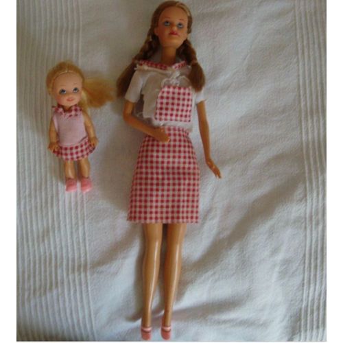 Poupées Mannequin Style Barbie 30cm + Mini Poupée Style Shelly 10cm Avec Ensemble Tissu Blanc Et Rose Et Vichy Rouge Et Blanc