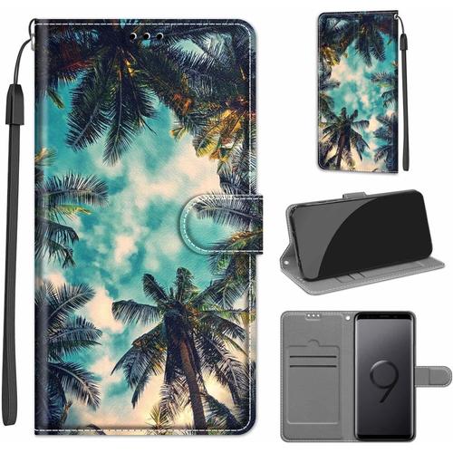 Coque Compatible Pour Samsung Galaxy S9 Étui Silicone Pu Cuir Clapet A Rabat Magnetique Case Cover Support Kickstand Bumper Antichoc Drôle Motif Housse Portefeuille Les Cocotiers