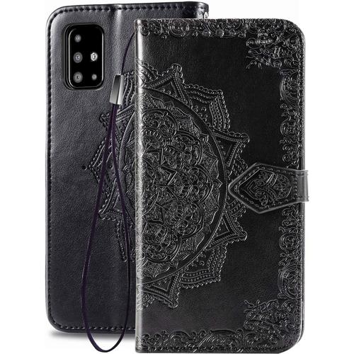 Coque Pour Samsung Galaxy A71 Motifs En Relief 3d Housse Portefeuille En Cuir Vintage Avec Fermeture Magnétique Fonction De Support Et Fente Pour Carte Noir