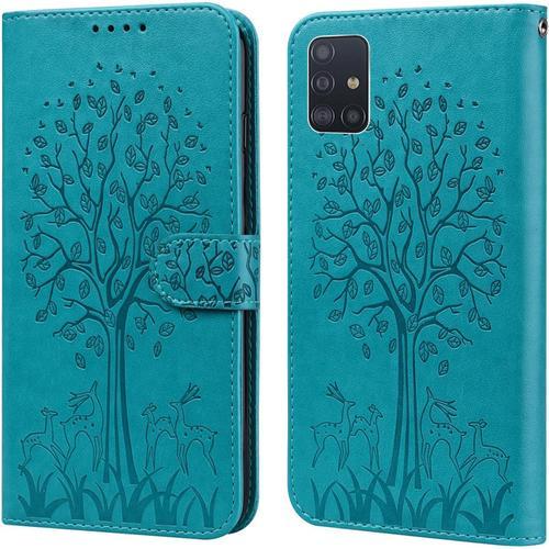 Coque Pour Samsung Galaxy A51 4g Avec Verre Trempé Motif De Gaufrage Housse Pu Cuir Case À Rabat Avec Fentes Pour Cartes Fonction De Support Bleu