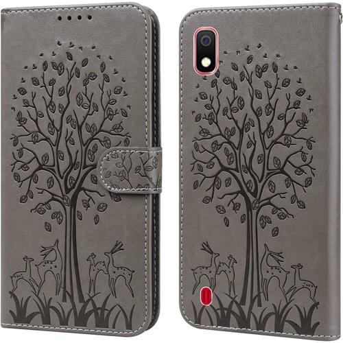 Coque Pour Samsung Galaxy A10 Avec Verre Trempé Motif De Gaufrage Housse Pu Cuir Case À Rabat Avec Fentes Pour Cartes Fonction De Support Gris