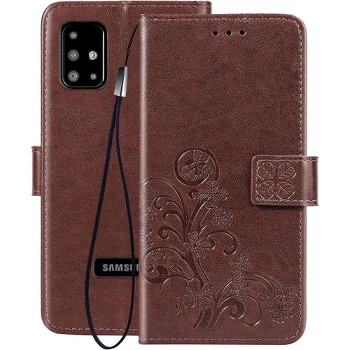 Coque Pour Samsung Galaxy A51 Etui 3d Fleur Chanceuse Housse Pu &tpu Portefeuille En Cuir Vintage Avec Fermeture Magnétique Fonction De Support Et Fente Pour Carte Marron