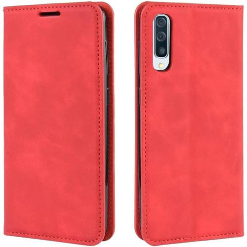 Coque Samsung A30s/A50, Antichoc Étui Housse En Cuir À Rabat Flip Cover Case Portefeuille Avec Porte Carte, Béquille, Fermeture Magnétique Pour Samsung Galaxy A30s/A50, Rouge