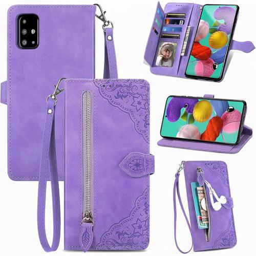 Coque Pour Samsung Galaxy A51, Étui Housse En Cuir Pu À Rabat Avec Porte Carte, Chiusura Magnétique Motif De Fleur Flip Cover Tpu Case Antichoc Portefeuille Pour Samsung A51, Violet