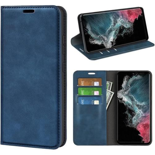 Coque Pour Samsung Galaxy S23 Ultra, Antichoc Étui Housse En Cuir À Rabat Flip Cover Case Portefeuille Avec Porte Carte, Béquille, Fermeture Magnétique Pour Samsung Galaxy S23 Ultra, Bleu