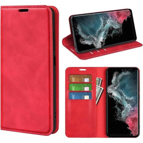 Coque Pour Samsung Galaxy S23 Ultra, Antichoc Étui Housse En Cuir À Rabat Flip Cover Case Portefeuille Avec Porte Carte, Béquille, Fermeture Magnétique Pour Samsung Galaxy S23 Ultra, Rouge