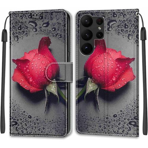 Coque Samsung Galaxy S23 Ultra, Etui Samsung Galaxy S23 Ultra, Étui Housse En Cuir Flip Case Fonction Support Housse Avec Fentes De Cartes Magnétique Portefeuille Protection Case Rose 1