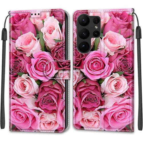 Coque Samsung Galaxy S23 Ultra, Etui Samsung Galaxy S23 Ultra, Étui Housse En Cuir Flip Case Fonction Support Housse Avec Fentes De Cartes Magnétique Portefeuille Protection Case Rose 2