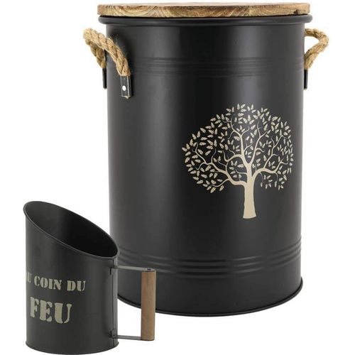 Tabouret et seau à pellets avec pelle Au coin du feu Métal laqué Arbre de vie