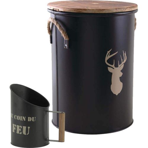 Tabouret et seau à pellets avec pelle Au coin du feu Métal laqué Cerf