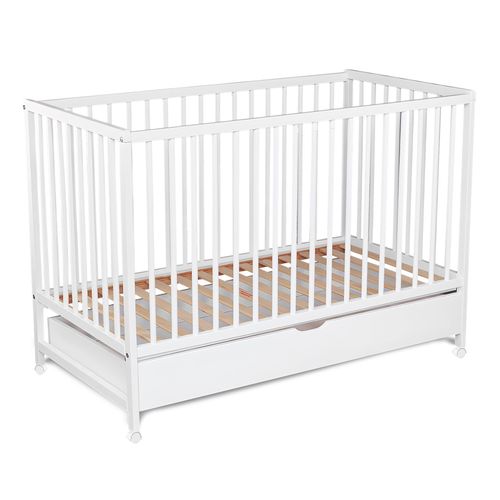 Lit Bébé Maipo + Tiroir Avec Glissière Et Couvercle 60x120. Lit Bébé Convertible En Lit Enfant. 3 Positions Du Sommier. Laqué Blanc D'eau. Maipo