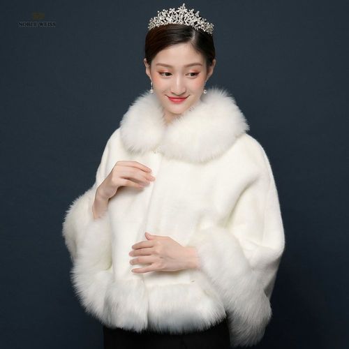 Châle de ixen Fausse Fourrure pour Patients,Veste d'Hiver Chaude,Manteau de Mariage,Longue Bord en Fourrure,Cape Ronde