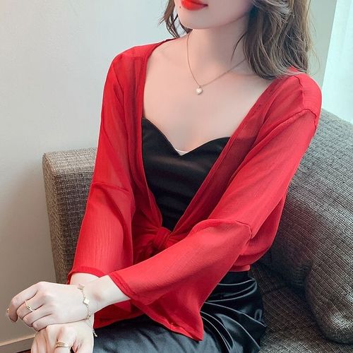 Shwarmer-Cardigan en mousseline de soie pour femme,veste de mariage blanche et rouge,robe de soirée ouverte sur le devant,cape pour patients,enveloppes,châles,haut