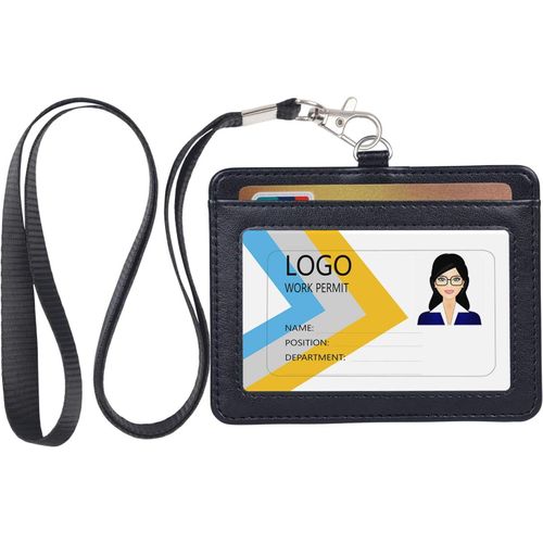 Porte Badge Tour De Cou, Fabriqué En Cuir Pu, Avec Fenêtre Transparente, 2 Emplacements Pour Cartes, Noir