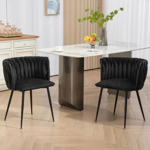Chaises De Salle À Manger En Velours Avec Pieds En Métal Doré, Design Tissé À La Main Et Coussins Souples,Black (Ensemble De 2)