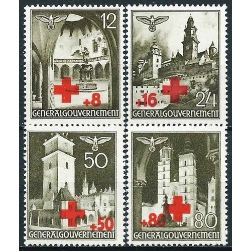 Pologne, Occupation Allemande 1940, Belle Série Complète Neuve* Au Profit De La Croix Rouge, Timbres Yvert 68 Institut Copernic 69 Chateau 70 Hotel De Ville 71 Église Sainte Marie.