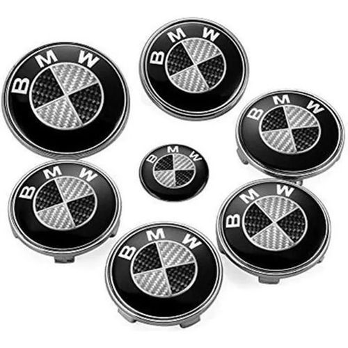 Kit 7 Badge Insigne Logo Embleme Bmw Carbone Noir Capot 82mm -Coffre 74mm -Volant - Cache Moyeu 68mm