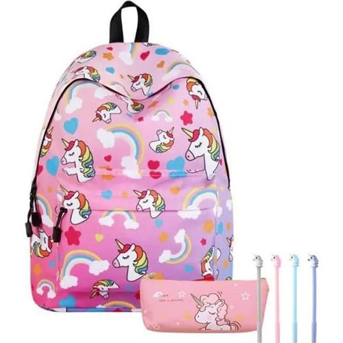 ROSE Sac à Dos Enfant Fille Adolescent Licorne Sac à Voyage Sac d\cole, 1 Trousse à Stylo, 4 Stylo à Encre Noire 0.5 mm