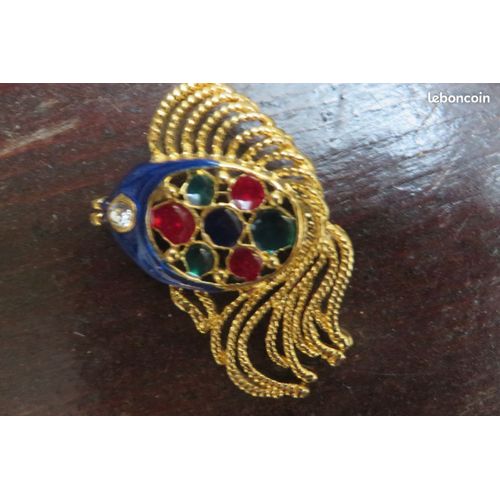 Ancienne Broche Poisson Émail Et Strass