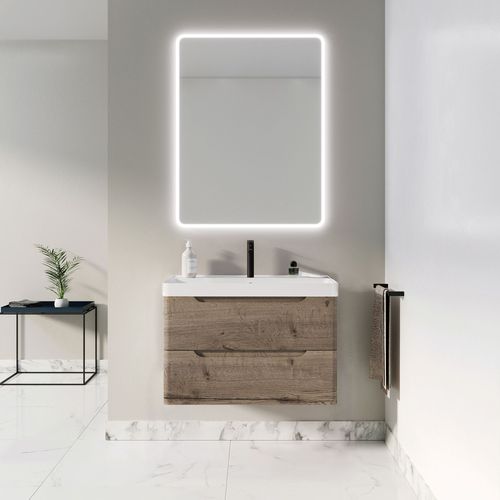 Meuble De Salle De Bains 80cm 2 Tiroirs Chêne Foncé - Vasque Céramique Blanche - Jota
