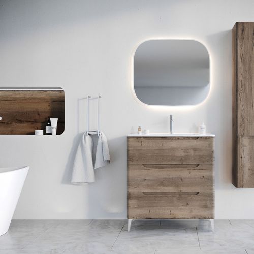 Meuble De Salle De Bains 80cm 3 Tiroirs Chêne Foncé - Vasque Céramique Blanche - Jota