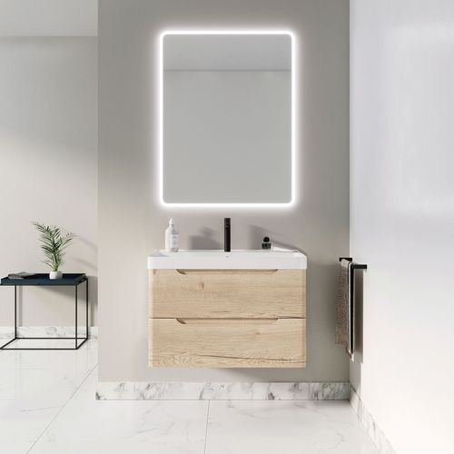 Meuble De Salle De Bains 80cm 2 Tiroirs Chêne Clair - Vasque Céramique Blanche - Jota