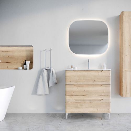 Meuble De Salle De Bains 80cm 3 Tiroirs Chêne Clair - Vasque Céramique Blanche - Jota