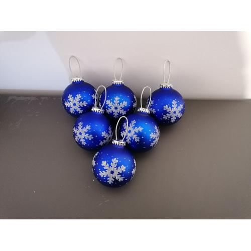 NOEL - Lot de 6 boules bleues avec dessins flocons de neige