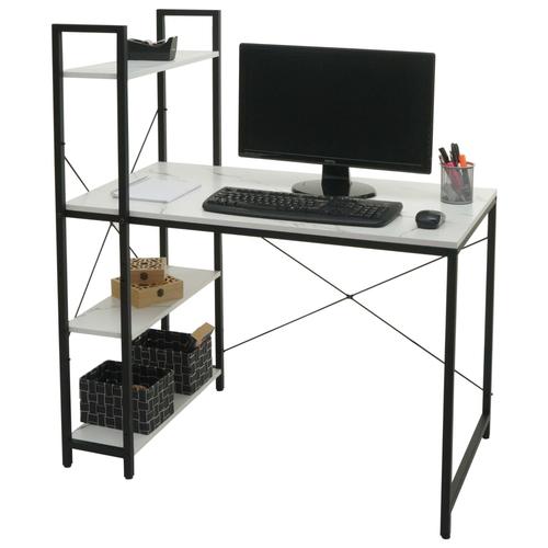 Bureau Avec Étagère Hwc-K81, Table D'ordinateur Portable Table De Travail, 100x60cm Métal Mdf   Aspect Marbre Blanc