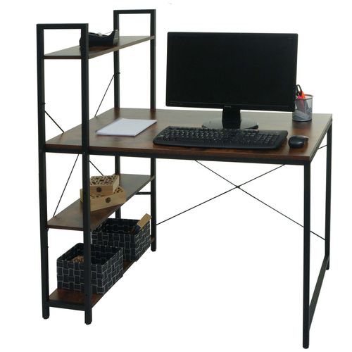 Bureau Avec Étagère Hwc-K81, Table D'ordinateur Portable Table De Travail, 100x60cm Métal Mdf   Brun