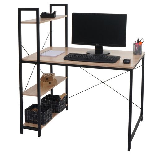 Bureau Avec Étagère Hwc-K81, Table D'ordinateur Portable Table De Travail, 100x60cm Métal Bois   Naturel